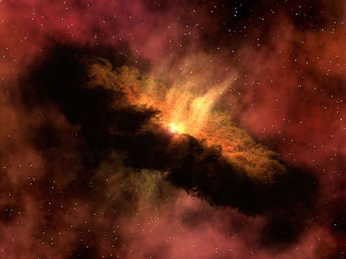 En kunstners fremstilling af den unge stjerne NGC1333-IRAS4B. Forskere går ud fra at planeter vil kunne dannes i skiven af støv og gas der omgiver den unge stjerne. For første gang har de også kunne påvise hvor store mængder vand der findes i sådan en skive. Copyright: NASA/JPL-Caltech/R. Hurt (Spitzer Science Center)