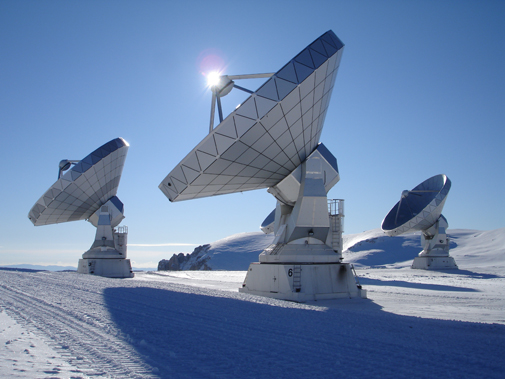 IRAM Plateau de Bure Interferometeret: Med sine seks antenner hver med en diameter på 15 m er IRAM observatoriet et af de mest følsomme radioteleskoper i verden, der kan observere vanddamp om unge stjerner som dem studeret her. Copyright: André Rambaud/IRAM.