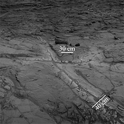 Der har eksisteret flydende vand på Mars i længere tid, end forskerne hidtil har troet. Det indikerer opdagelsen af lyse områder omkring klippesprækker – kaldet ’haloer’ – med højt siliciumindhold i Gale krateret på Mars. Foto: NASA/JPL-Caltech.