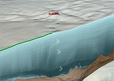 Ice radar survey over Hiawatha Glacier by the Alfred Wegener Institute’s Polar 6 research aircraft. The radar data reveal both the topography of the impact crater beneath the ice, as well as the layering of the ice itself. This survey revealed that ice older than the Holocene (the past 11,700 years) is heavily disturbed.