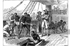 UNSPECIFIED - CIRCA 1880: Captives being brought on board a slave ship on the West Coast of Africa (Slave Coast). Wood engraving c1880 (Photo by Universal History Archive/Getty Images) Credit: UniversalImagesGroup / contributor