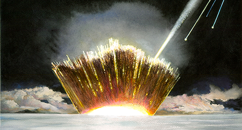 An artist’s depiction of a possible impact into the Greenland Ice Sheet. The iron meteorite penetrated 7 km into the Earth’s crust, creating a crater that was initially 20 km wide and collapsed within minutes into the final 31 km crater we see today. Illustration: Carl Christian Tofte.