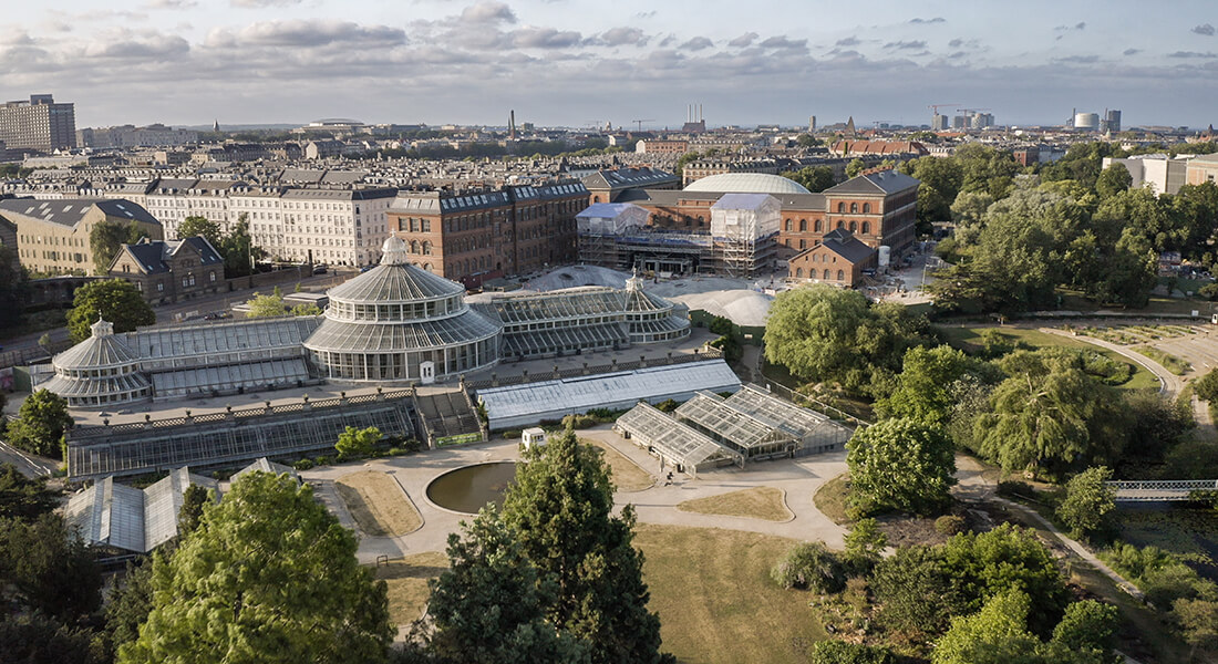 Image of the palm house and of the construction site of a new museum builiding